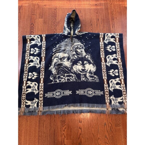 Alpaca Wool Hooded Poncho Unisex Aztec Wolf Eagle All Seasons Native American - Picture 1 of 10